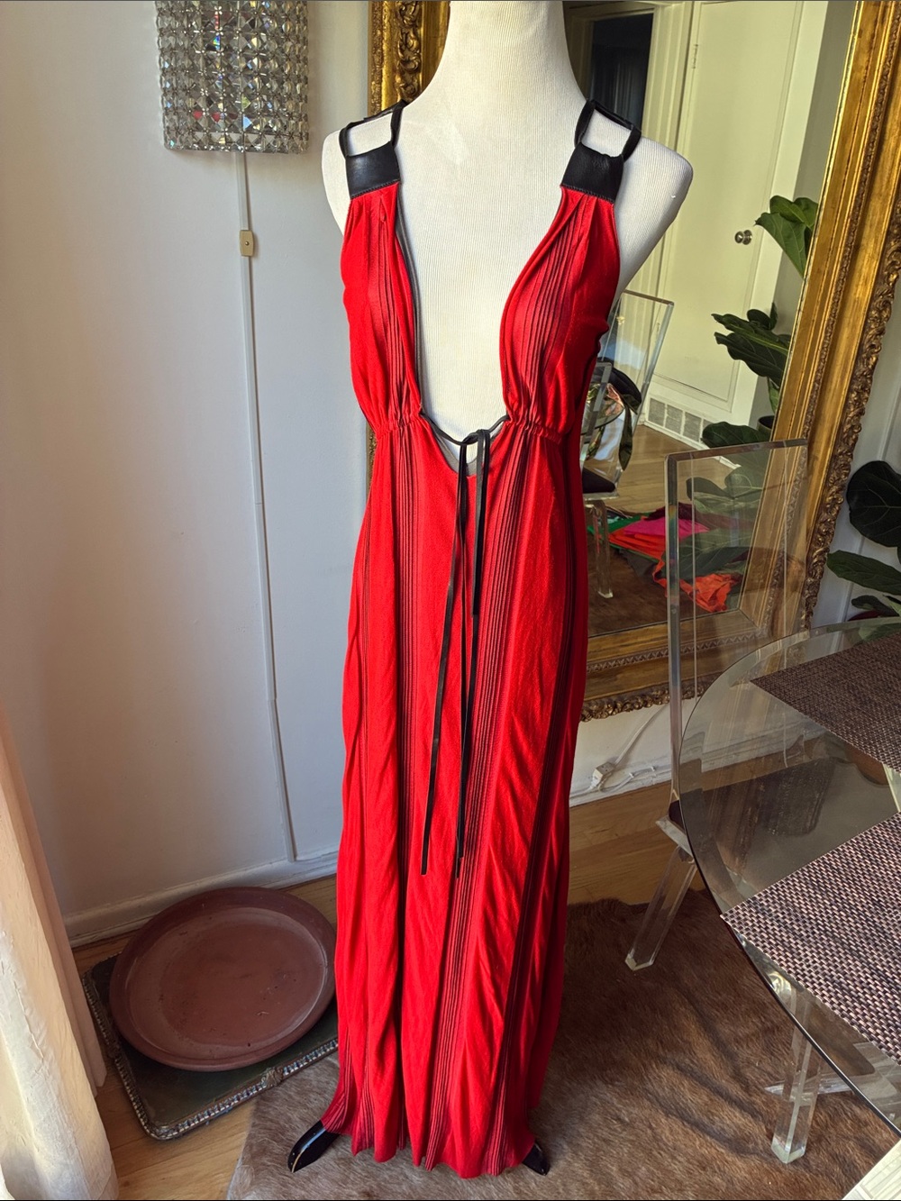 Rozae Nichols Red Plunge Maxi Nightgown with Black leather Trim size small